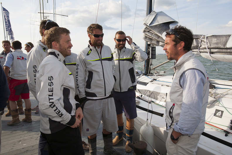 Trading stories from the race, the crew of Relentless on Jellyfish welcome British Soldier
