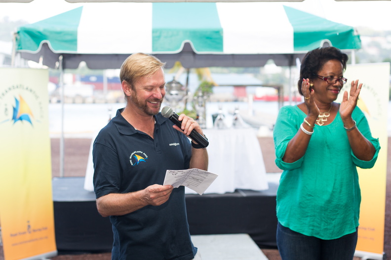 RORC Racing Manager, Nick Elliott announces the winners with The Hon. Y. Bain-Horsford