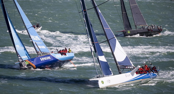 Vestas 11th Hour Racing, VO65 lines up against CQS in their joint start