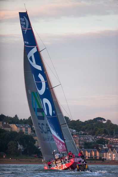Team SCA's support RIB greets the boat as the final Volvo Ocean 65 to finish