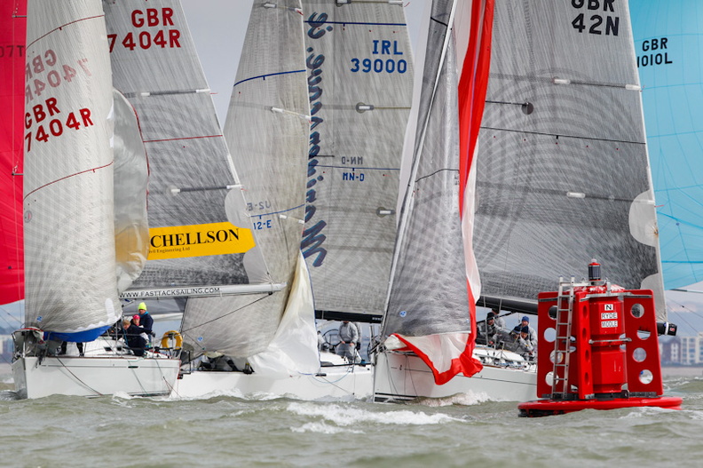 IRC Two fleet converge at a mark rounding