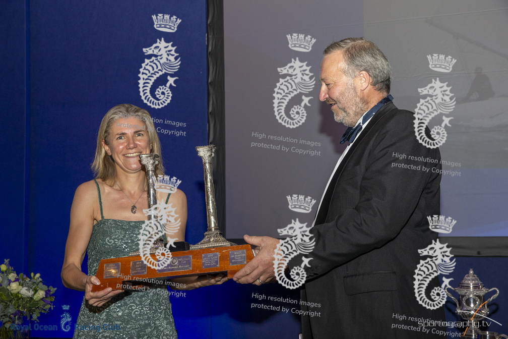 Laura Dillon accepts the Meritorious Award for outstanding keelboat performance by a RORC member on behalf of Grant Gordon