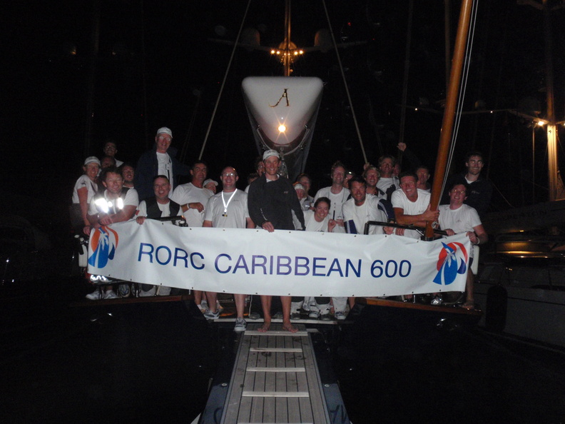 The vast crew of Athos with the RC600 Finishers' banner