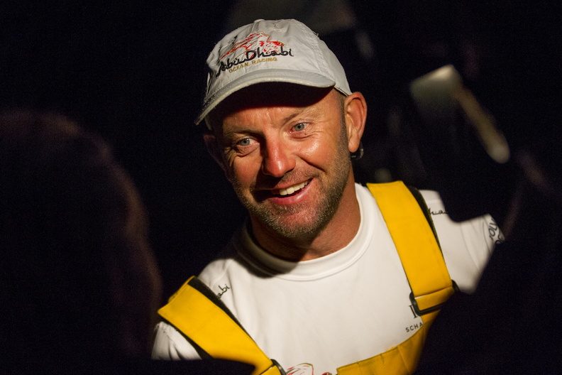 A delighted Ian Walker, skipper of Azzam, is interviewed off the water