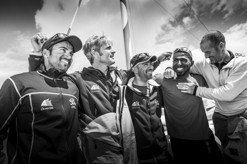 Sidney Gavignet and the crew, including Damian Foxall at the finish