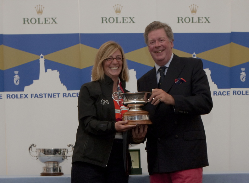Rolex Fastnet Race Prizegiving at The Royal Citadel Barracks in Plymouth. Catherine Zennstrom of RAN accepting the trophy