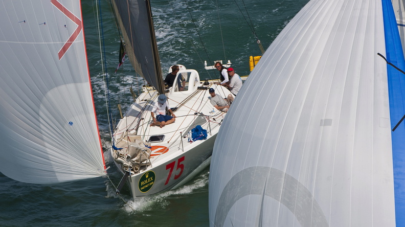POGO 1, Sail Number: GER6002, Owner: Markus Seebich, Design: Class 40 sailing off the Solent after the race start.