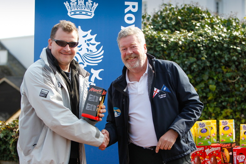 RORC Admiral Andrew McIrvine presenting the easter eggs to winning competitors