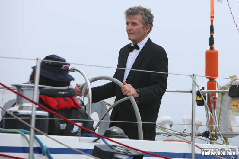 A skipper makes sure he looks his best when he finishes the 2015 Rolex Fastnet Race