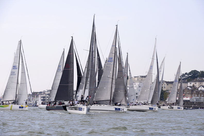 The fleet congregating at the Royal Yacht Squadron line for the beginning of the race