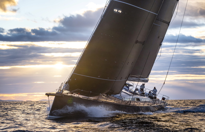 The largest yacht in the race, 115ft Nikata, races to the Rock as the light dawns