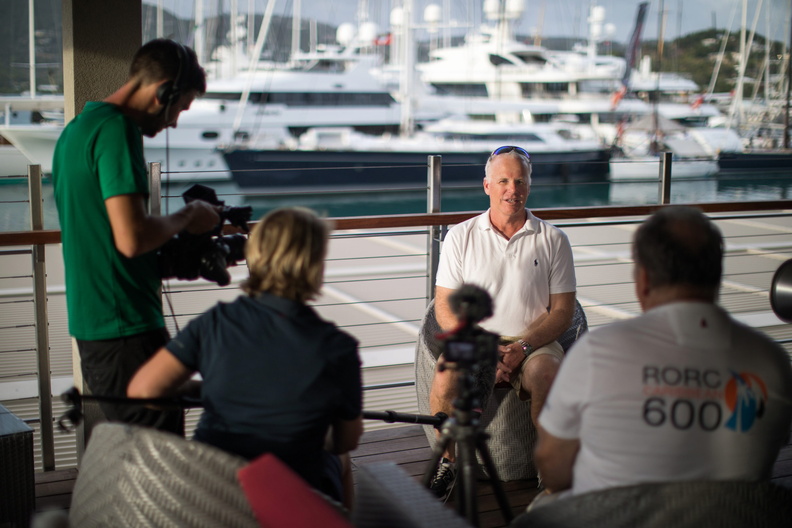 Pre-race interviews take place against the backdrop of Falmouth Harbour