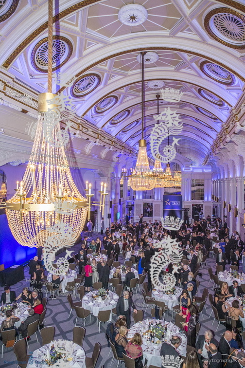 Centrepiece chandeliers hang over the guests