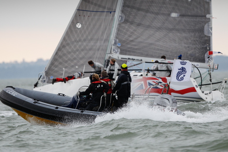 Coaches keeping up with the Army Sailing Association's J/111, British Soldier on the water.