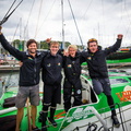 V and B, the winning Class40, celebrate on the dock led by skipper Maxime Sorel