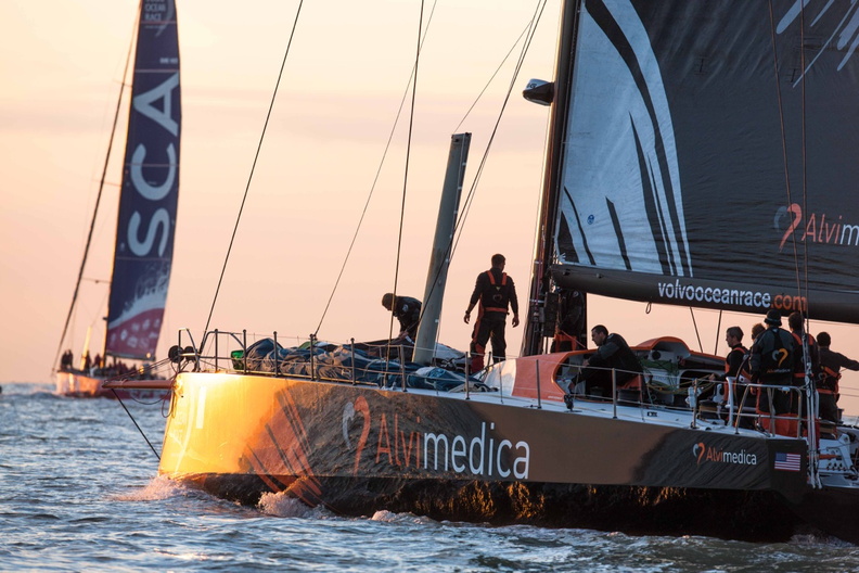 Alvimedica, the Volvo Ocean 65 skippered by Charlie Enright finishes just ahead of SCA