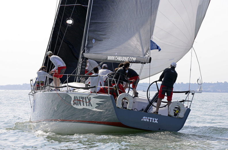 Antix, a Ker 39 waiting for the wind in the Solent with Anthony O'Leary at the helm.