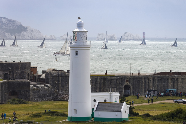 The fleet makes its way past Hurst Castle to the Needles