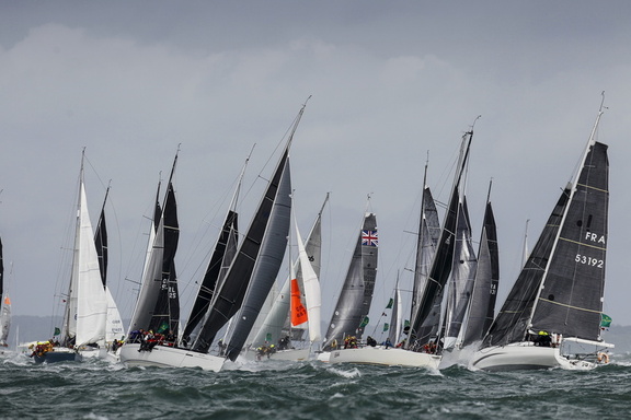Boats jostle for position on the water in the IRC Start