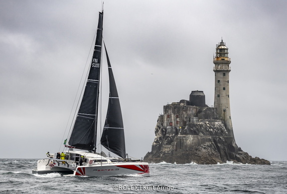 Vincent Willemart's TS42 multihull, Banzai, passing the Fastnet Rock