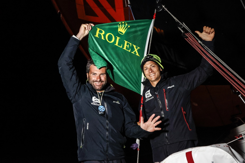 Celebrating their victory, Alexis Loison and co-skipper Guillaume Pirouelle  