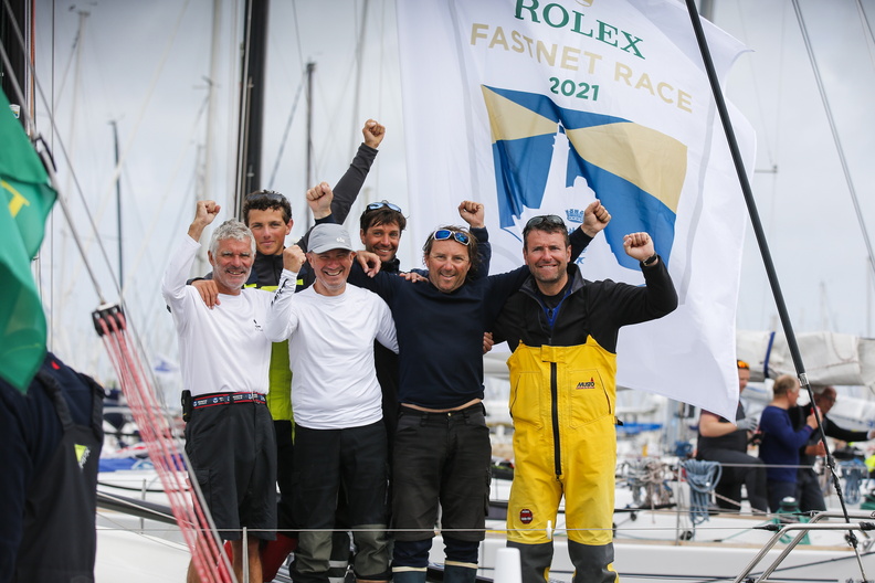 The crew of Trading-Advices celebrate their race as they look set to claim IRC Four
