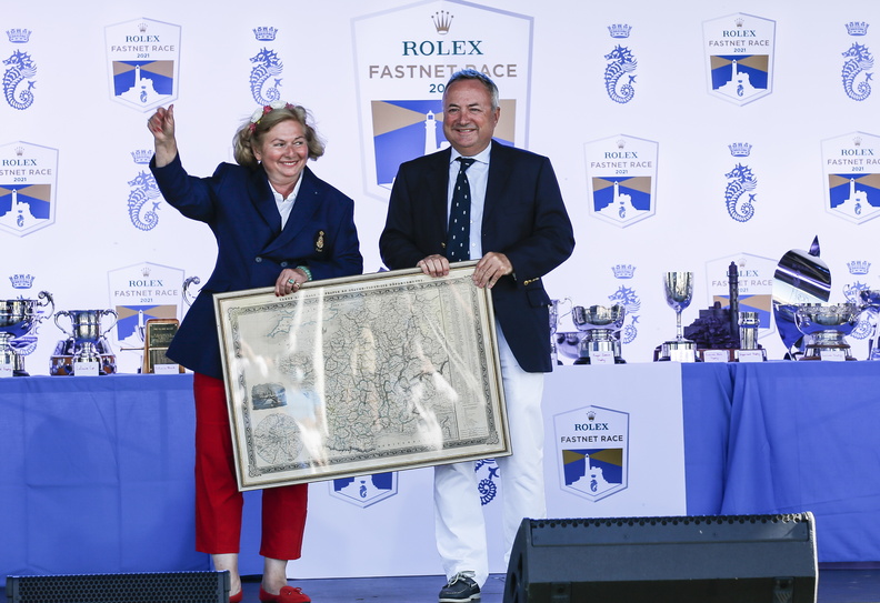 Anne de Bagneaux-Savatier from UNCL joins RORC Commodore James Neville on stage