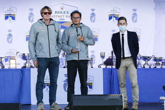 The co-skippers of AD Fichou - Innovéo / Bihannic collect their prize for first in the Figaro 3 class