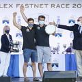 Alexis Loison and co-skipper Guillaume Pirouelle collect the Brunskill Trophy for Best Two-Handed Yacht Overall, presented in person by David Brunskill, they also won the Favona Cup for 1st in IRC Three, 
