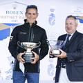  Fernando Echávarri, skipper of Skorpios collects their prize of the Erivale Cup for first yacht home (IRC Zero) and the Irish Lights Trophy for 1st yacht on the water
