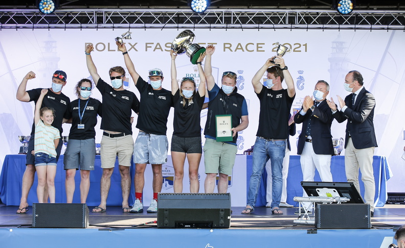 Celebrating on stage at the Prize-giving, the crew of Sunrise