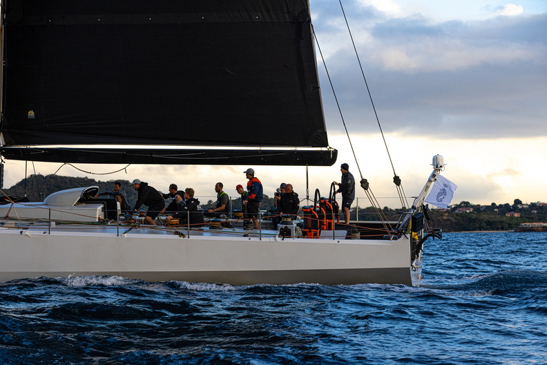 Crew are gathered on board Volvo 70 L4 Trifork, skippered by Jeroen Larsen