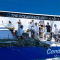 Sisi's Austrian Ocean Race Project crew celebrate on board as they cross the finish line off Grenada