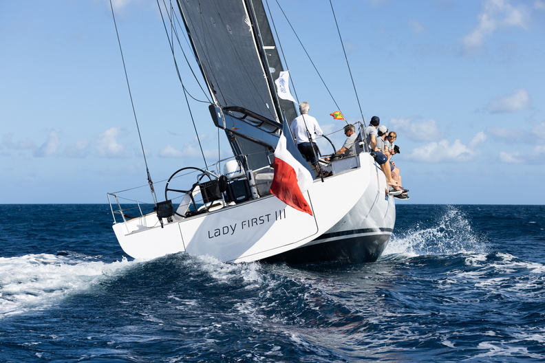 Lady First 3 crosses the finish line of the RORC Transatlantic Race