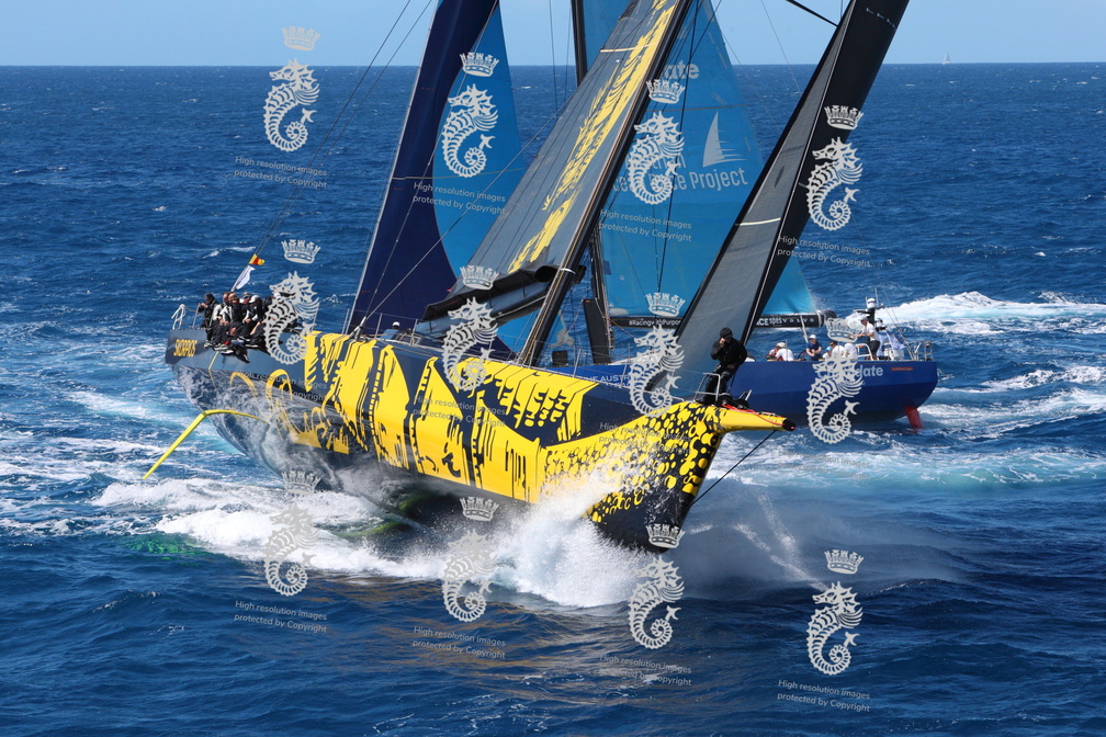 125ft ClubSwan Skorpios, owned by Dmitry Rybolovlev and with Fernando Echavarri on board, crosses Austrian Ocean Racing Project VO65 Sisi