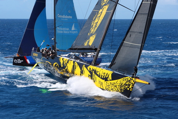 125ft ClubSwan Skorpios, owned by Dmitry Rybolovlev and with Fernando Echavarri on board, crosses Austrian Ocean Racing Project VO65 Sisi