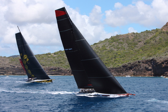 100ft Comanche takes the lead over 125ft ClubSwan Skorpios at the start 