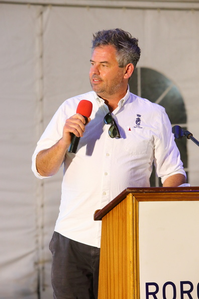 Race Manager Chris Stone speaks to the crowds at the prize-giving