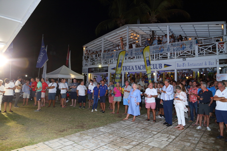 The competitors, family and friends gather at the Antigua Yacht Club for the prize-giving