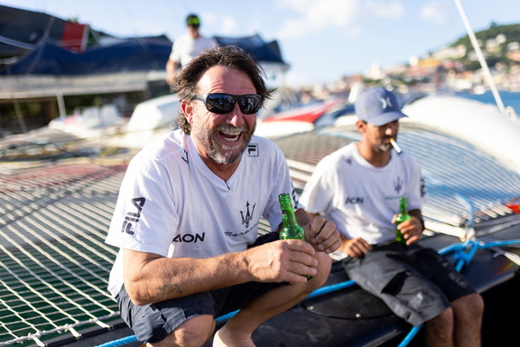 Giovanni Soldini, owner of Maserati, cracks a smile at the end of the race