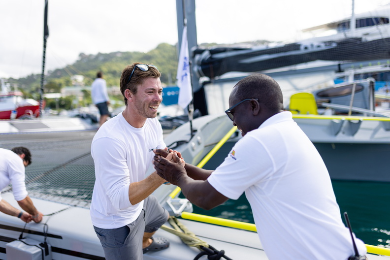 Ned Collier Wakefield is welcomed by Port Louis Marina staff