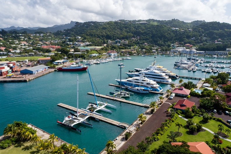 Drone shots over Port Louis Marina, Grenada showing the multihulls side by side