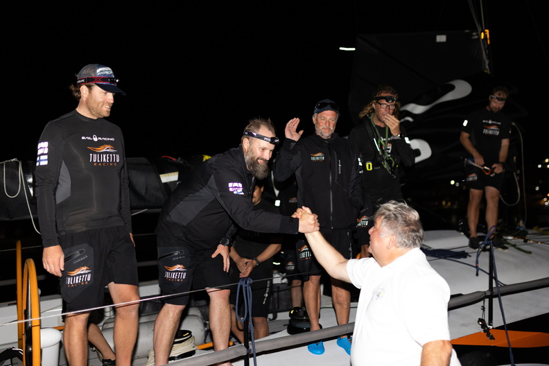 Louay Habib comes to welcome the crew at the end of a hard race