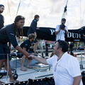 RORC Racing Manager Steve Cole welcomes Marie and her team on board Pen Duick VI