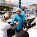 The team are welcomed ashore by Zara Tremlett, Camper & Nicholsons Port Louis Marina Manager