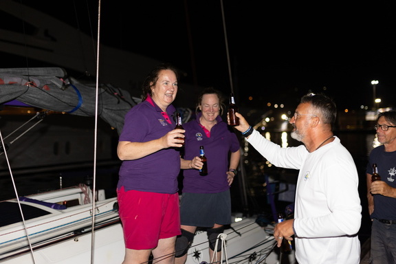 Co-skippers of Purple Mist, Kate Cope and Claire Dresser are welcomed by fellow competitors