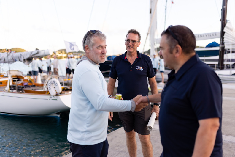 RORC Racing Manager Steve Cole greets Hound's owner Dan Litchfield
