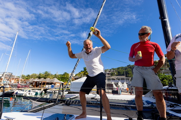 Banzai's crew, led by skipper Vincent Willemart, celebrate finishing the race