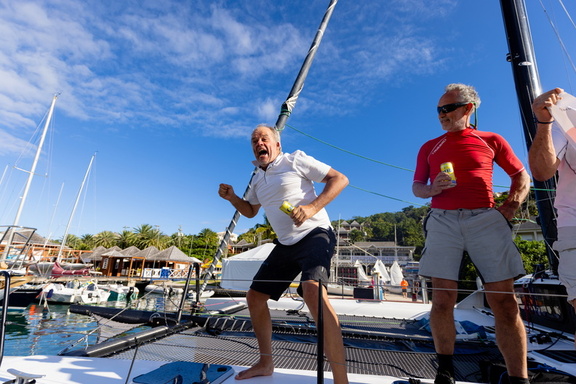 Banzai's crew, led by skipper Vincent Willemart, celebrate finishing the race