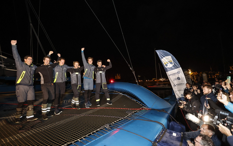 The crew of SVR Lazartigue,line honours in the Rolex 2023 Fastnet Race